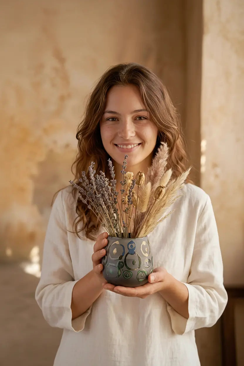Matahari - Pot Artisanal en Terre Cuite à Engobe Brun, Motif Circulaire - asceramique