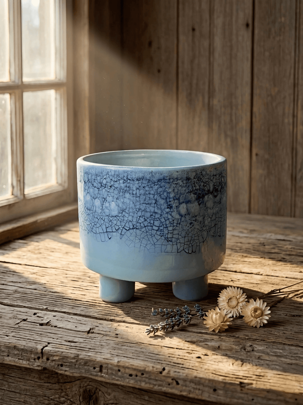 Pot Design Trépied – Bleu Givré et Texture Craquelée - asceramique