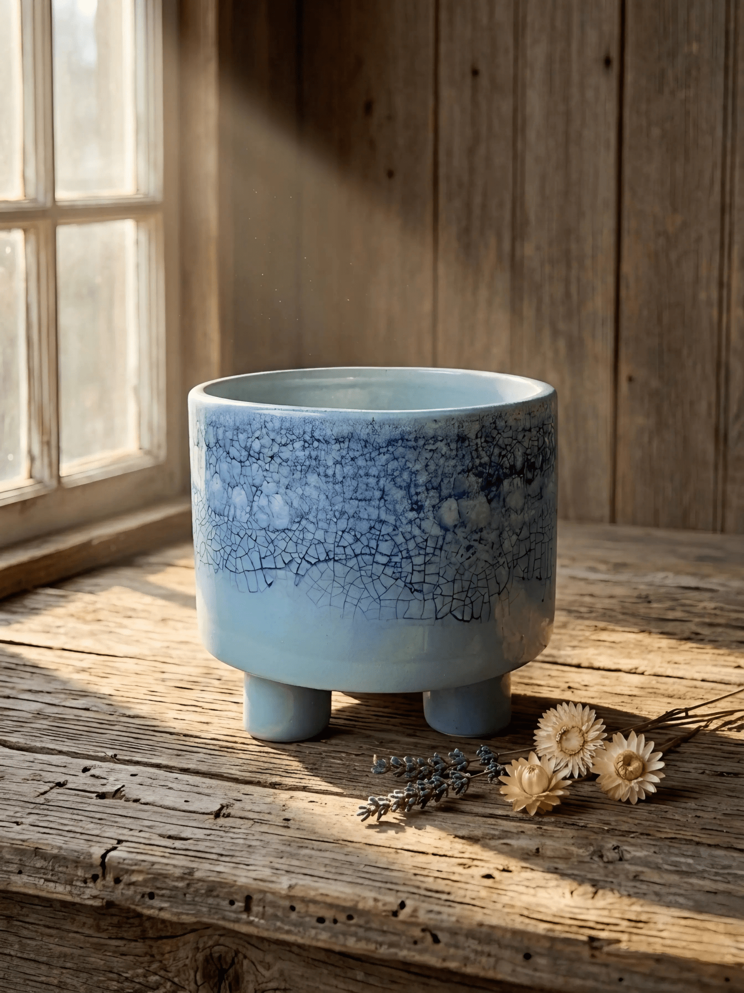 Pot Design Trépied – Bleu Givré et Texture Craquelée - asceramique