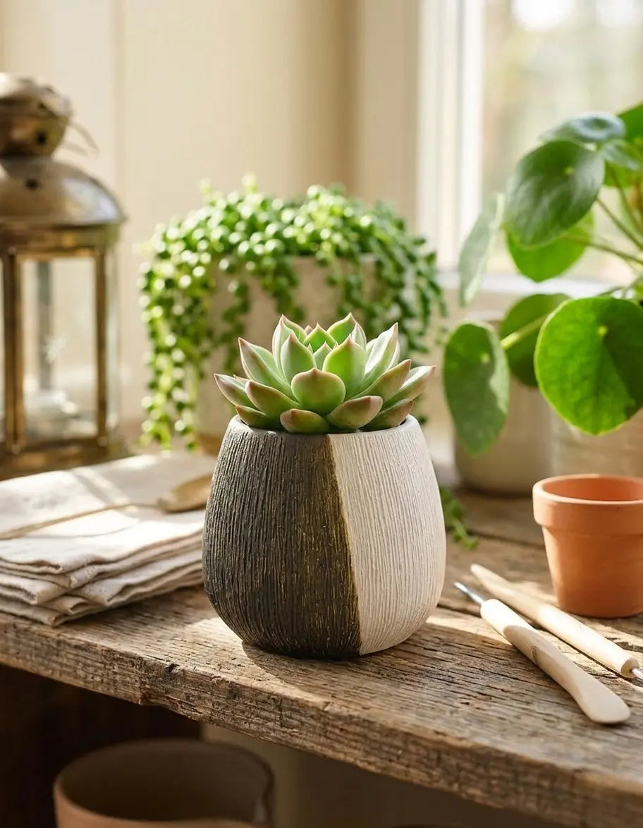 Pot Vase Artisanal "Bari" : Contraste Noir & Blanc Texturé - Fait Main à Oulja - asceramique