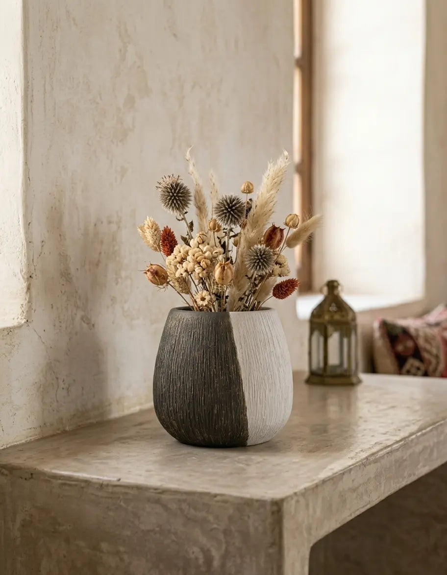 Pot Vase Artisanal "Bari" : Contraste Noir & Blanc Texturé - Fait Main à Oulja - asceramique